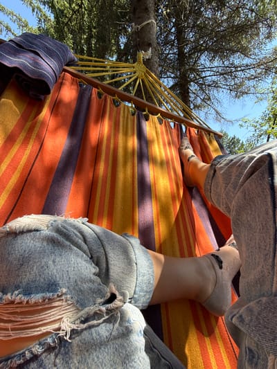 Two individuals are relaxing in a striped hammock suspended between trees, as indicated by the presence of coniferous trees and a clear blue sky, consistent with the environment around Tsatsarovtsi, Bulgaria. The hammock's fabric features vertical stripes of orange, yellow, and purple. One person's legs, clad in distressed denim jeans, are positioned in the foreground, partially obscuring the hammock. The other person's legs, also in denim, are visible further back. Both individuals are wearing socks. The scene suggests a leisurely outdoor activity.