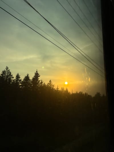 A low-angle, full shot captures a sunset viewed through a window, with a silhouette of trees against the horizon. The sun, a bright orange orb, is positioned slightly to the left of center, casting a warm glow across the sky, which is a gradient of pale yellow to light blue. Several power lines stretch diagonally across the upper portion of the frame. The trees form a dark, irregular line across the bottom half of the image, their shapes indistinct due to the low light. The right side of the image is dominated by a dark, vertical element, likely the window frame or a reflection. The overall impression is of a quiet, natural scene at dusk, possibly taken from a moving vehicle. The location is specified as Povarovo, Russia.