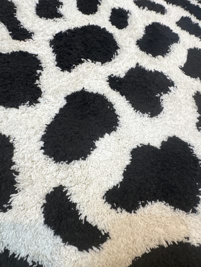 The image shows a close-up of a black and white shag rug with a pattern resembling cow spots. The texture of the rug is visible, with individual strands of shag creating a fuzzy appearance. The black spots are irregular in shape and scattered across the white background. The image was taken in Lake in the Hills, United States of America.