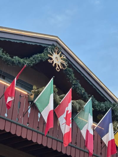 A building with flags of different countries decorates its exterior. From top to bottom, there's France, Mexico, Canada, Italy, and Denmark. Christmas garland hangs around the roof and between flags, and a large snowflake ornament adorns the building's peak. The building itself is dark brown with red accents. A clear blue sky is visible in the background.