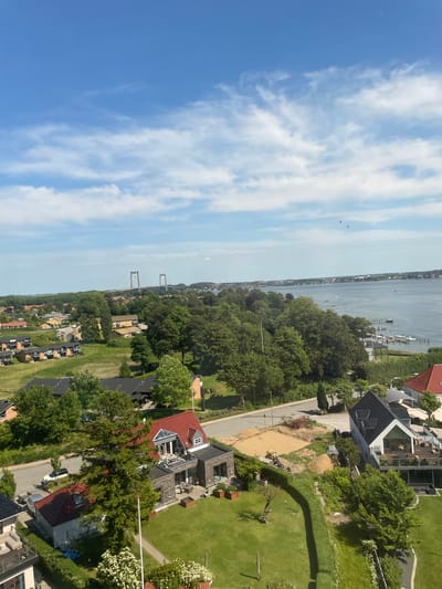 The image depicts an aerial view of Snoghøj, Denmark, on a bright, clear day with scattered white clouds. In the background, the iconic Snoghøj Bridge, a suspension bridge, spans a body of water, likely the Little Belt strait. The foreground is a residential area with a mix of houses and apartment buildings. Many houses have red-tiled roofs, and some feature modern architecture with large windows and balconies. Lush green trees and manicured lawns are prominent throughout the neighborhood, suggesting a well-maintained urban environment. The water's edge is lined with trees and several small boats are moored at a pier. Construction is also visible in one area of the image, with piles of sand and a small excavator. There are no people clearly visible in the frame. The overall impression is a peaceful, scenic suburban landscape.