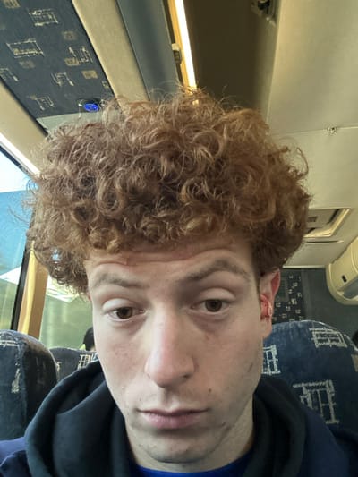 A young adult male, with voluminous reddish-brown curly hair and light skin, is depicted in a close-up selfie taken inside a bus or coach in Richmond, United States. He has brown eyes and a neutral, slightly downcast expression. A small red piercing is visible in his left ear. He is wearing a dark-colored hoodie over a blue garment. The background shows the interior of a passenger vehicle, featuring dark blue fabric seats with a repeating light-colored geometric pattern. Overhead, a beige panel contains a small illuminated blue indicator light and a linear light fixture. A window to the subject's left reveals bright daylight and a faint, distorted reflection or view of a light green exterior element and another person's head wearing yellow or lime green attire.