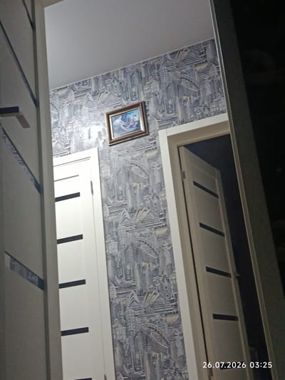 The image shows a hallway with two doors. The door on the left is ajar, revealing a dark interior. The door on the right is also ajar, showing more of the dark interior. The walls are covered in wallpaper with a city skyline pattern. A small framed picture is hanging on the wall between the two doors. The timestamp on the image indicates it was taken on July 26, 2026, at 03:25. The location is identified as Oblivskaya, Russia.