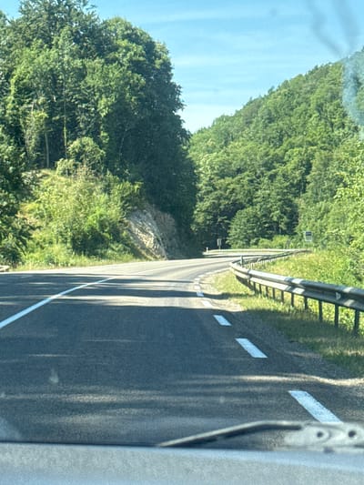 The image depicts a road winding through a densely wooded area, characteristic of the Jura Mountains in France, likely in or near Lavans-lès-Saint-Claude. The road is paved and has white lane markings, indicating it's a public thoroughfare. The surrounding environment is dominated by lush green trees and vegetation, with a steep incline on the left side of the road. A metal guardrail runs along the right side of the road, following its curve. The sky is clear and blue, suggesting good weather. The perspective suggests the photo was taken from inside a vehicle, possibly from the driver's or passenger's seat, looking forward. There are no people or animals visible in the frame. The overall scene is one of a rural, scenic drive through a natural landscape.