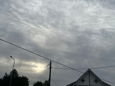 The image depicts an overcast sky over Harkujärve, Estonia, with a subtle sunbeam breaking through the clouds towards the left side of the frame. In the foreground, a silhouette of a pitched roof of a building is visible at the bottom right. A utility pole with wires is present in the middle right of the image, and a street lamp is visible on the left. Trees form a dark silhouette against the sky behind the street lamp. A small airplane is visible in the upper center of the sky, appearing as a dark speck against the clouds. The overall atmosphere is muted, suggesting a cloudy or approaching twilight.