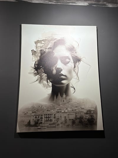 This media file is a photograph of a black and white artwork depicting a composite image. The artwork features a close-up of a person's face, rendered in a soft, almost ethereal style with visible brushstrokes or watercolor-like textures. The face is turned to the side, with eyes closed and hair flowing around it. Integrated into the right side of the face is an image of a cityscape, appearing as if built from the person's form. The cityscape is detailed, showing multiple buildings with windows, creating a dense urban texture. The overall mood of the artwork is introspective and perhaps dreamlike, with the blending of the human form and urban landscape suggesting a connection or contrast between the individual and the city. The artwork is mounted on a wall with a dark grey finish. The lighting in the scene highlights the texture and detail of the artwork. There is no visible text in the image. The location context is Orhei, Moldova.