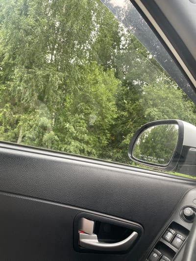 An indoor shot captures a car's interior from the passenger side, looking out through the window. Lush green trees and foliage fill the exterior view. A side mirror is visible, reflecting the same green scenery and displaying the warning "OBJECTS IN MIRROR ARE CLOSER THAN THEY APPEAR." The car's black textured door panel, interior door handle, and a window control panel with buttons are prominent in the foreground. The scene is set in Gavrilovka, Russia.