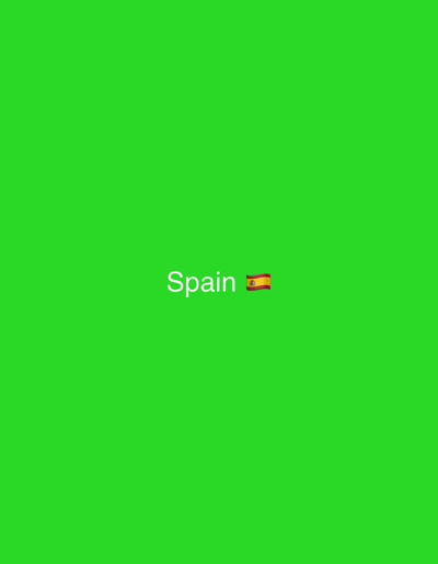 The image displays the word "Spain" followed by the Spanish flag emoji on a bright green background. The text is white and centered horizontally. There are no people, objects, or any indication of a city or location within Koshary, Ukraine.