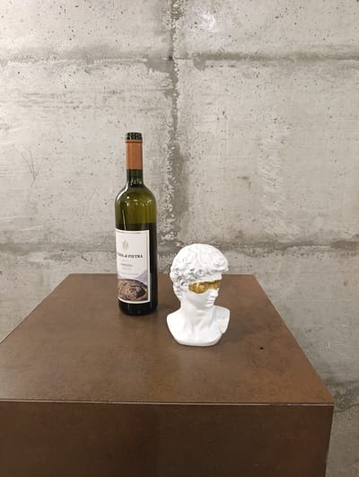 A full-shot still photograph depicts a still life arrangement on a flat, dark brown surface against a textured, grey concrete wall. The primary subjects are a green glass wine bottle and a white bust of a person with gold accents covering the eyes and forehead. The wine bottle is positioned on the left side of the surface, upright, with a visible label. The bust is to the right of the bottle.
The label on the wine bottle reads "STORIA DI PIETRA" at the top, followed by "GORAZDA" and then "SAUVIGNON BLANC" and "2021". Below that, it states "MONTENEGRO". The bottle has a cork stopper and a dark green glass neck. The bust is a classical sculpture of a head and shoulders, with curly hair and facial features, but the eyes and a portion of the forehead are covered by a shiny gold leaf material, giving it a masked appearance.
The setting appears to be indoors, given the consistent lighting and the nature of the backdrop. The concrete wall has an uneven, rough texture with visible horizontal lines and darker patches, suggesting an unfinished or industrial aesthetic. The surface the objects rest on has a matte finish with some subtle variations in color and texture, resembling aged metal or wood. The lighting is soft and even, casting subtle shadows. There are no people visible in the image, and no specific activity is taking place; the image is a posed still life. The time of day is indeterminate. The location context provided is Čavori, Montenegro.