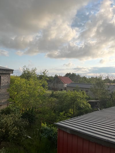 A medium shot captures an outdoor scene with buildings, trees, and sky in Ghrmaghele's community, Georgia. The foreground features a corrugated metal roof, colored red on the vertical walls, of a shed-like structure. To the left, a rough stone building with a flat roof extends into the frame. Beyond these structures, a verdant landscape unfolds, dotted with various trees, some bearing lush green foliage and others appearing bare with thin branches. In the midground, two distinct buildings are visible: one with a prominent red tiled roof and stone walls, and another single-story building with a grey metal roof. The sky above is a mixture of blue patches and large, fluffy, grey-white clouds, suggesting a partly cloudy day. The overall impression is one of a rural or semi-rural setting with a mix of weathered and newly constructed elements.