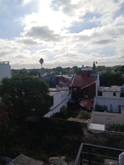 The image displays an elevated panoramic view of a residential section within Lomas de Zamora, Argentina, under a sky with significant cloud cover and visible sunlight. The foreground is dominated by dark, dense vegetation, including a section of an ivy-covered wall. On the immediate left, a portion of a corrugated roof is visible, and on the right, a dark metal railing, possibly from a balcony, is present.
The midground features a compact arrangement of residential buildings. Architectural styles include white, multi-story structures with flat roofs and properties with traditional reddish-brown tiled roofs, some gabled. One prominent building in the center-right has dark reddish-brown walls, a steep gabled tiled roof, and small, dark-framed windows. Multiple air conditioning units are mounted on exterior walls. Mature green trees are interspersed among the buildings, partially obscuring lower levels.
In the background, a continuous line of dense green foliage indicates a treeline or parkland along the horizon. Above this, the sky is largely covered by medium-density cumulus and stratocumulus clouds. A bright, intense light source, identified as the sun, is visible through a break in the clouds in the upper center-left. Two distinct palm trees rise above the distant treeline: one tall and slender palm centered in the distant left, and a slightly shorter palm tree positioned further to the right. No individuals, animals, vehicles, or specific activities are discernible within the frame.