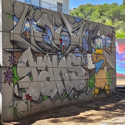 A graffiti mural on a concrete block wall located in Guardamar del Segura, Spain. The mural features large stylized lettering in shades of gray, interspersed with green and red floral elements. To the right, a depiction of Donald Duck in a brown robe and yellow feet, set against a blue sky backdrop. The wall appears to be weathered and stained in places. The ground in front of the wall is dirt and sand.