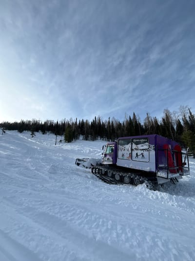 A snow groomer sits on a snow-covered surface, positioned next to a dense forest line. The groomer is predominantly white with purple and red accents. Its side is decorated with graphics, and it has heavy-duty tracks for traversing snow. The sky is overcast with a textured cloud cover. Tire tracks are visible on the snow, indicating previous vehicle movement.
