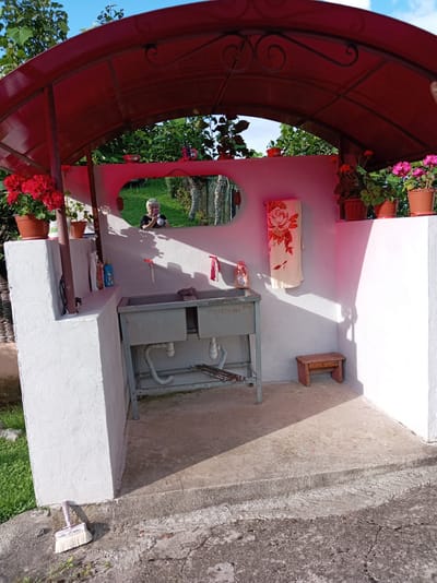 This image depicts an outdoor sink area, likely in a rural or semi-rural setting. A woman is visible in a reflection in a mirror, holding a smartphone. The sink itself is a double basin unit, made of metal and mounted on a metal frame. Above the sink, a red awning provides shade. Potted plants with red and pink flowers are arranged on the ledge above the sink and on the wall to the right. A patterned towel hangs on the wall to the left of the mirror. A small wooden stool is placed on the ground to the right of the sink. A wide brush is lying on the concrete ground in the foreground to the left. The overall environment appears to be an outdoor utility area, possibly part of a residential property, with greenery visible in the background. The location is specified as Khwap, Abkhazia.