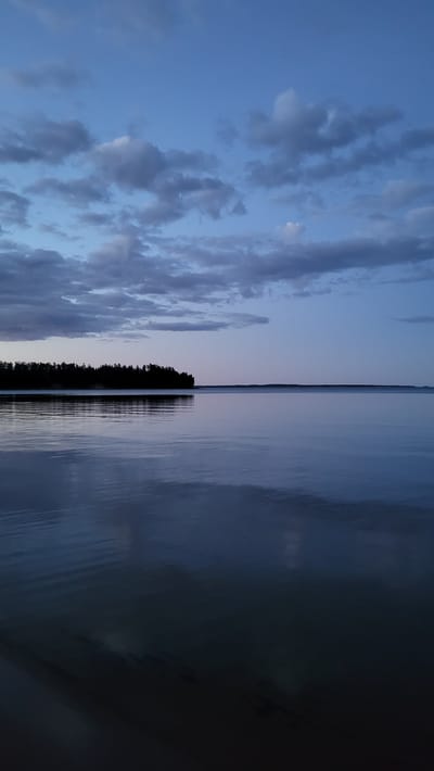 The image depicts a serene twilight scene over a body of water, likely a lake, with a dark treeline on the horizon. The sky is a dusky blue, scattered with wispy clouds that are darker on their undersides, suggesting they are catching the last remnants of light. The water is calm, reflecting the sky and the distant treeline, creating a mirror-like effect. Small ripples disturb the surface, particularly in the foreground, adding texture to the reflection. The treeline is dense and dark, silhouetted against the fading light. The overall impression is one of tranquility and the quiet transition from day to night. The location, the city of Zaostrov'e, Russia, suggests a northern environment, potentially experiencing extended twilight hours during certain seasons. There are no people or specific man-made objects visible in the frame.