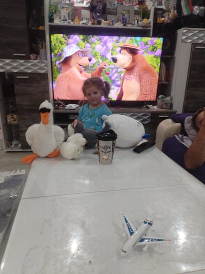 This image depicts an indoor scene, likely a living room, in Rakitovo, Bulgaria. The primary focus is a white table in the foreground, upon which several plush toys are placed, including a large white swan, a gray rabbit, and a smaller white chick. A coffee cup with the word "coffee" printed on it and a remote control are also on the table. In the background, a television displays an animated scene featuring two bear characters wearing hats. A young girl with blonde hair is seated in front of the television, partially obscured by the screen. To the right of the television, a person is lying on a purple couch, with their face turned away from the camera. The room contains shelves filled with various items, and a large cabinet is visible on the left side of the image. A toy airplane is positioned on the floor in the lower right quadrant of the image. The lighting suggests it is daytime, and the overall environment appears to be a domestic setting.