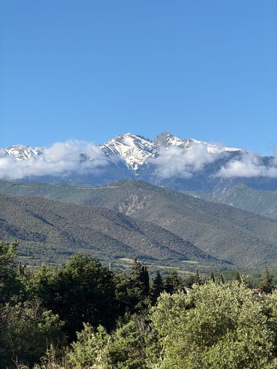 The image shows a mountainous landscape, seemingly taken near Rodès, France, given the specified location. The scene includes snow-capped peaks partially obscured by clouds, layered mountain ranges with green vegetation, and a clear blue sky. The foreground features trees with dense foliage. No people are visible in the image.