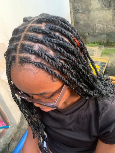 A person with dark hair styled in twisted braids is depicted. The braids are neatly parted and arranged. The individual is wearing glasses with thin frames. They are dressed in a black top. The background features a blurred, outdoor setting with shades of green and grey. The image's orientation is horizontal, showing the person from an overhead perspective.
