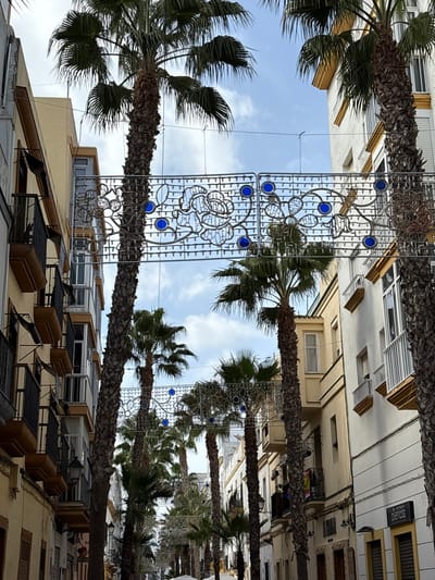 The image displays a narrow urban street in Cádiz, Spain, viewed longitudinally. The street is bordered on both sides by multi-story buildings and lined with numerous tall palm trees featuring dark, textured trunks and green fronds. Overhead, a series of white metal decorative light structures are suspended across the street, exhibiting intricate curvilinear designs with embedded small lights and prominent circular blue elements. These structures extend sequentially into the visible distance. The sky above, framed by the buildings and palm fronds, is partly cloudy and blue, indicating daytime conditions.

Buildings on the left side of the street are primarily pale yellow and cream, featuring multiple balconies with dark metal railings. Buildings on the right display white and pale yellow facades, including various window configurations, bay windows, and balconies. On one right-side balcony, a red and yellow striped fabric, consistent with a Spanish flag, is visible among other hanging items. The ground level of the street is partially visible, appearing paved. No individuals are present in the scene.