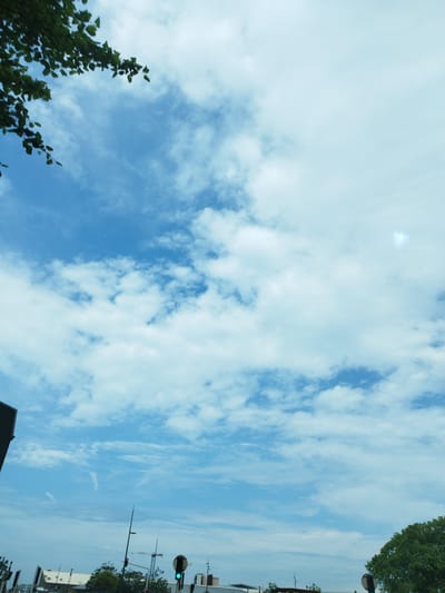 The image captures a cloudy sky with patches of blue visible. In the foreground, the top of a tree with green leaves is seen on the left side. The lower portion of the image reveals a street scene with buildings, traffic lights, and utility poles. One traffic light is clearly visible, showing a green signal. A crane is also visible in the distance, suggesting ongoing construction. The overall impression is that of a daytime scene, likely in an urban or suburban environment. The clouds indicate partly cloudy weather. The presence of traffic signals and buildings suggests a developed area, possibly Cherbourg-en-Cotentin, France, as per the location context. No people are discernible in the image, and no specific activity or event is clearly depicted beyond the general context of a street view. There is no visible text in the image.