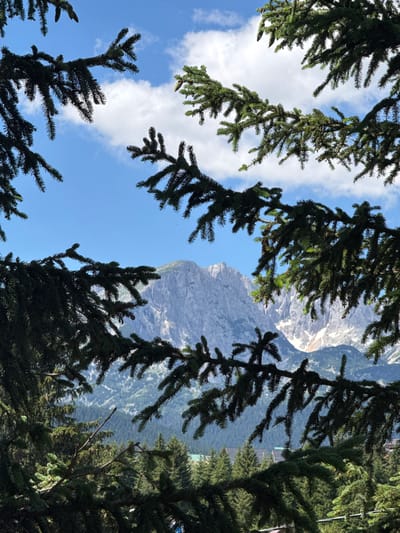 The image depicts a mountain landscape framed by the branches of coniferous trees. In the foreground, dark green fir branches with needles and cones create a natural frame, partially obscuring the view. Beyond the trees, a majestic mountain range dominates the background, with its rocky peaks and patches of snow. The sky is a clear blue, dotted with fluffy white clouds. Below the mountains, a dense forest of evergreen trees covers the slopes, and in the distance, some man-made structures are visible, suggesting a settlement or resort area. The overall scene evokes a sense of natural beauty and tranquility. The location is identified as Kovačka Dolina, Montenegro.