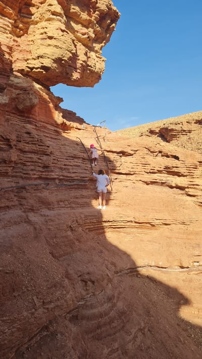 The image shows a low-angle shot of a reddish-brown rock formation in Hevel Eilot Regional Council, Israel. Two people are standing on a metal walkway or steps built into the cliff face. One person, further along the walkway, is wearing white clothing. The other person, closer to the foreground, is wearing a pink hat and shorter, light-colored clothing. The walkway ascends the rock face. The sky is visible above the rock formation, and a large shadow is cast onto the rock to the right of the walkway.