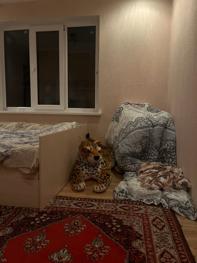 In a bedroom in Pivniceni, Moldova, a plush leopard toy is positioned on a red and maroon patterned rug, next to a wooden bed frame. The bed is covered with a white and blue patterned comforter. A large, folded comforter with a grey and white intricate design is propped up in the corner of the room, with a smaller, folded blanket on top. A window with three panes is visible above the bed, reflecting the dark exterior. The walls are a light, textured color, and the floor is wooden.