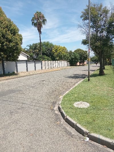 The image displays a daytime street scene in Germiston, South Africa. A paved asphalt road, appearing light grey with a textured surface, occupies the foreground and mid-ground, gently curving to the right. A concrete curb separates the road from a strip of green, manicured grass on the right side. Embedded in this grass is a circular metal manhole cover. A slender, light grey utility pole with a small red and white marking is positioned vertically on the right verge. Several mature trees with green foliage line the right side of the road, casting shadows. On the left, a long, segmented grey concrete boundary wall runs parallel to the road. Behind this wall, a section of a white building with a dark roof is visible, along with dense green tree cover. A very tall palm tree with a slender trunk and brown fronds stands prominently above the other trees on the left side of the frame. In the far distance along the road, two small, indistinct human figures are visible, walking away from the viewer on the right side of the pavement. The sky is blue with scattered white, wispy clouds. Direct sunlight illuminates the scene. A small piece of white debris is present on the curb in the lower right.