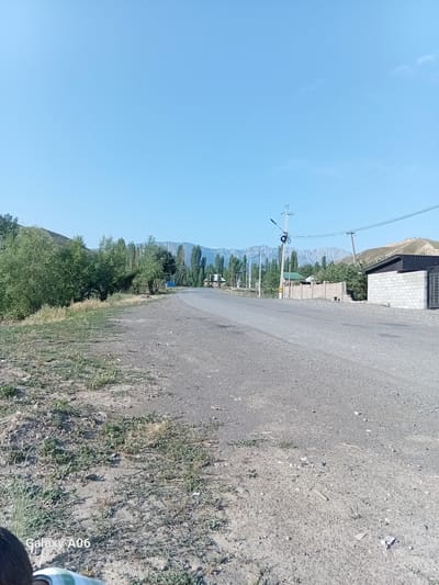 The image captures a view of a paved road leading into the village of Kojo-Aryk, Kyrgyzstan. The road is bordered by sparse vegetation and gravel on the left, and a low concrete wall and residential buildings on the right. In the background, a range of mountains is visible under a clear blue sky, with some trees dotting the landscape. Power lines stretch across the sky, supported by utility poles. The overall scene depicts a rural setting on a sunny day.