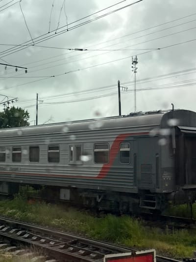 The image depicts a train car of a gray passenger train with a red stripe running horizontally across its side. The train is on a track with overhead power lines. In the background, there is a communication tower, a tree, and a cloudy sky. The foreground shows the train tracks and some green grass. The image appears to be taken from a window, as there are water droplets on the glass. The location is identified as Kotelnich, Russia.