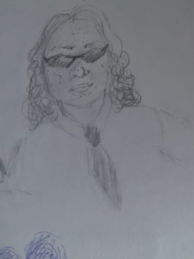 The image is a pencil drawing of a person with long curly hair, wearing sunglasses and a tie. The person is facing the viewer with a neutral expression. The drawing is on a white piece of paper and is incomplete. The coordinates provided are for the city of Yoksolovo, Russia, but there is no context within the image to suggest the drawing is related to that location.