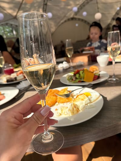 This image captures a close-up of a hand holding a champagne flute filled with a light-colored beverage. The glass is slightly tilted, and the liquid shows small bubbles. In the background, blurred out, are plates of food, including what appears to be a salad with a croissant and a dish with eggs and some fried items. There are also other glasses and what looks like a person wearing a patterned shirt and a dark beanie or hat. The setting appears to be an outdoor dining area, suggested by the dappled sunlight and shadows on the wooden table. The overall mood seems relaxed and celebratory, possibly a brunch or a light meal with drinks. The time of day is likely daytime, given the bright lighting. There is no visible text in the image.