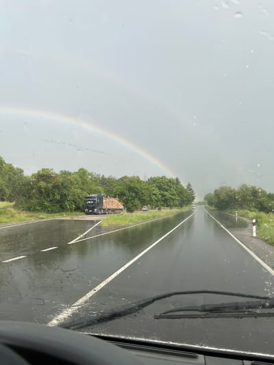 The image depicts a view from inside a vehicle driving on a wet road. A partial rainbow is visible in the sky to the left. On the right side of the road, a truck carrying logs is parked along the shoulder. There are trees along the side of the road. The location cannot be ascertained as Pevtsite, Bulgaria from the image alone. The scene is overcast and it is raining. Windshield wipers are visible on the vehicle. The image is rotated to display vertically.