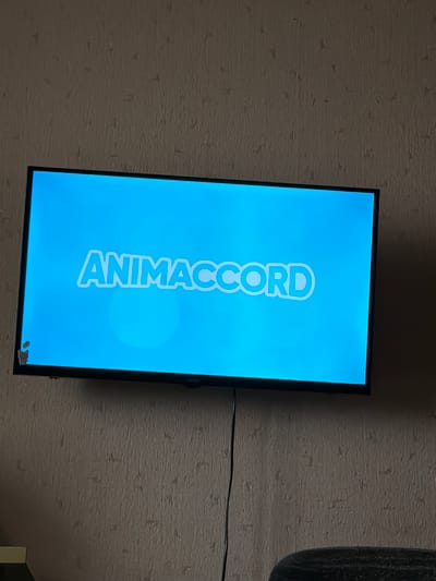 A television screen displays the word "ANIMACCORD" in large white letters with a light blue outline, centered against a bright blue background. The text is slightly blurred, suggesting it is a still image or a low-resolution display. The television is mounted on a textured, brown wallpapered wall. A black cable hangs down from the bottom of the television, disappearing out of view. In the lower left corner of the screen, there are a few small, dark marks. A faint, circular, lighter blue glow is visible behind the text on the screen. No people or animals are visible in the image.