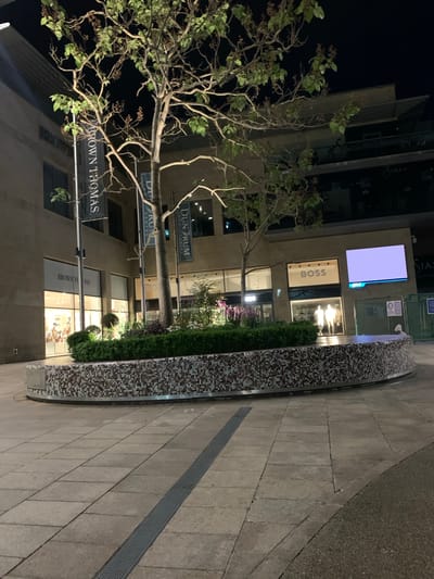 The image depicts an outdoor scene in Dublin 16, Ireland, at night. A tree with sparse foliage stands prominently in the left portion of the frame. Behind it are buildings with signs for "BROWN THOMAS," "DUN RUM TOWN CENTRE," and "BOSS." The buildings are lit, with illuminated storefronts visible through the windows. To the right is a curved structure decorated with mosaic tiles, enclosing green shrubbery. The ground is paved with rectangular stone slabs. There are no people visible in the scene. The overall impression is that of a commercial area with retail stores.