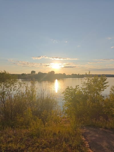 The image displays a panoramic view of a large body of water, consistent with the Kama River, at sunset in Nikolo-Beryozovka, Russia. The sun, a brilliant golden disk, is positioned low on the horizon, emitting distinct sunrays and creating a prominent, shimmering reflection across the rippled water surface. The sky is a clear, light blue with scattered, wispy cumulus clouds, particularly dense near the horizon. The mid-ground features a dense line of deciduous trees and bushes along the far bank, extending into the distance. In the foreground, numerous green deciduous bushes and trees partially obscure the view of the water, their foliage illuminated by the low-angle golden sunlight. The immediate ground consists of dry grasses, sparse vegetation, and exposed earth. A narrow, unpaved dirt or gravel path is visible on the right side of the foreground, curving out of view. No human figures, animals, or significant man-made objects are present in the observable area, emphasizing a natural landscape scene.