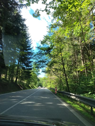 The image shows a paved road winding through a dense forest. Tall evergreen and deciduous trees line both sides of the road, creating a canopy of green that partially shades the asphalt. Sunlight filters through the leaves, casting dappled shadows on the road surface. In the distance, a few cars are visible traveling on the road. A metal guardrail runs along the right side of the road, and a red and white reflective marker is attached to it. The sky above is blue with scattered white clouds. The scene appears to be a scenic drive through a forested area, consistent with the natural landscapes surrounding Vimperk, Czechia.