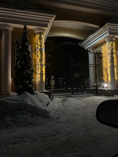 A wintry scene features an ornate gated entrance illuminated by strings of lights. Snow covers the ground and a small tree, suggesting a festive atmosphere. The architecture showcases classic columns and archways. Part of a car mirror is visible at the top right. The image appears to be taken at night with dark surroundings.