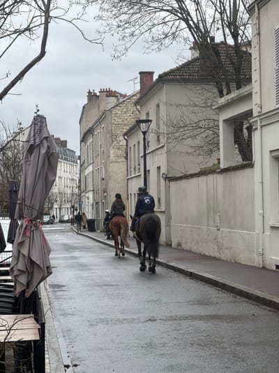 The scene depicts a street in Joinville-le-Pont, France, under an overcast sky on a wet day. Two individuals are riding horses away from the viewer down a wet, asphalt road. The lead rider is on a brown horse, followed by a second rider on a dark brown horse, which wears leg protection. Both riders wear casual outerwear; the second rider's jacket features a visible white emblem on the back.
To the immediate left in the foreground, several large, grey outdoor umbrellas are collapsed and tied, indicating a closed outdoor dining area with stacked chairs and tables partially visible. Bare tree branches extend into the upper left of the frame.
Along the right side of the street, a paved sidewalk runs parallel to a low, light-colored wall, behind which are structures including a multi-story building with a light facade and a visible streetlamp. Further down the street on the right, additional buildings with varying architectural styles, including stone facades and tiled roofs with chimneys, are present.
On the left side of the street, buildings of similar urban construction line the road, with pedestrians visible in the distance. The overall environment is urban, characterized by older European architecture and bare deciduous trees, suggesting a cold season.
