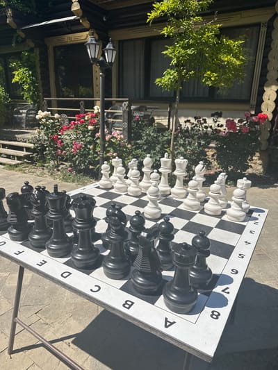 The image shows a large outdoor chess set on a checkered board positioned on a table. The chess set features black and white pieces. In the background, a wooden building with windows and a porch can be seen, surrounded by rose bushes in bloom. A lamppost is situated near the building. The scene appears to be set in a garden or park-like environment. The chess board has alphanumeric labels on its edges, indicating its use as a regulation chess board. The overall setting is outdoors, with sunlight casting shadows. The location is identified as Shirokaya Schel, Russia, suggesting a natural or recreational area within that region.