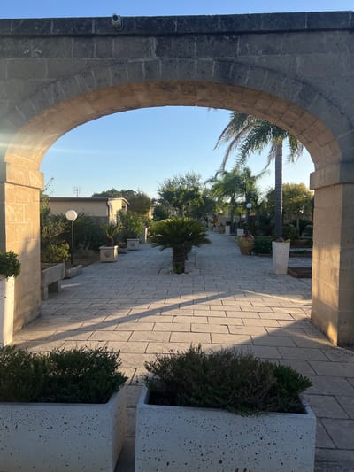 An outdoor stone archway frames a paved walkway lined with potted plants and trees in Otranto, Italy. The walkway leads towards a building in the distance. The scene is illuminated by natural light, casting shadows from the archway onto the pavement. A security camera is mounted on the top of the archway. The sky is clear and blue.