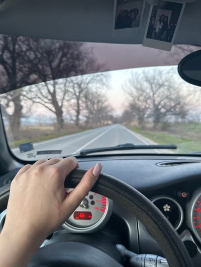 The image depicts a first-person perspective from the driver's seat of a vehicle, positioned on a paved road in Zlokuchene, Bulgaria. A left hand, featuring light-colored manicured nails and two visible scratches on the dorsum near the thumb, grips the top portion of a dark, textured steering wheel. Through the steering wheel, a dashboard instrument cluster with red-illuminated gauges is partially visible, displaying the numerical value "88" in red. A wiper stalk is present to the lower right of the steering wheel. Two small, white-bordered instant photographs are affixed to the grey headliner/sun visor above the windshield; the left photo shows multiple figures, and the right photo shows two women. A rearview mirror is partially visible in the upper right. The windshield offers a view of a straight, two-lane asphalt road with a dashed white center line, extending into the distance under an overcast sky with subtle pinkish tones. Deciduous trees, bare of leaves, line both sides of the road beyond grassy shoulders, creating a corridor effect. A single windshield wiper blade rests horizontally at the base of the windshield. The action depicted is driving.