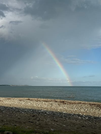 This image captures a coastal scene with a prominent rainbow arcing across a partly cloudy sky. In the foreground, a beach composed of sand and pebbles is visible, with some sparse vegetation. The sea stretches out to the horizon, where a distant shoreline with trees and buildings can be seen. The sky is a mix of dark, stormy clouds on the left and lighter blue skies with scattered clouds on the right. The rainbow's colors are vibrant, suggesting recent rainfall. The overall environment is natural and serene. The location is specified as Mgudzyrkhwa, Abkhazia, a resort town on the Black Sea coast known for its beaches and subtropical climate.