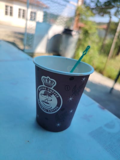 A slightly tilted, eye-level shot captures a disposable paper coffee cup placed on a light blue table in an outdoor setting in Borintsi, Bulgaria. The cup, predominantly dark brown with white and light brown designs, features a prominent logo on its front. The logo consists of a crown atop a circular emblem, which contains a steaming coffee cup design. Encircling this emblem are the words "DIVINE COFFEE" at the top and "NATURAL COFFEE" at the bottom. Various small white motifs, including coffee beans, a leaf sprig, and starbursts, adorn the rest of the cup's surface.
Inside the cup, a bright green plastic stirrer is visible, suggesting the cup either contains or recently contained a beverage. The rim of the cup is white. The table surface is a solid, light blue or cyan color, possibly a plastic or painted surface, and shows subtle textures and slight discoloration in the lower portion of the image.
The background is significantly blurred, indicating a shallow depth of field, with the coffee cup being the sharpest element. On the left side of the background, muted, out-of-focus structures resembling a light-colored building with windows can be discerned. On the right, the blurred shapes of green foliage and tree trunks suggest natural surroundings. The bright lighting conditions imply it is daytime, possibly morning or afternoon, given the general illumination. No people are visible, and the scene evokes a peaceful, unhurried moment outdoors.