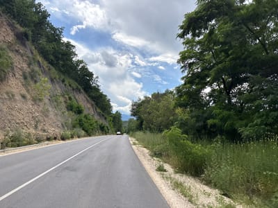 The image captures a scenic view of a road winding through a natural landscape, presumably near Biaga, Bulgaria. The road, paved and with a white line marking its center, curves to the left. On the left side of the road, a steep, rocky slope is covered with sparse vegetation and a metal mesh reinforcement. The right side of the road is bordered by a gravel shoulder and dense, green foliage, including trees and tall grasses with small yellow flowers. In the distance, a red car is visible on the road, and beyond that, rolling hills are covered in trees under a partly cloudy sky. The lighting suggests it is daytime.
