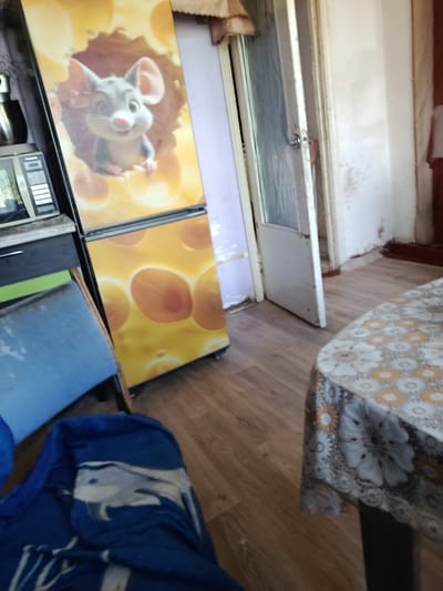 The image depicts an interior scene in what appears to be a home in Слаўнаўскі сельскі Савет, Belarus. The primary object of focus is a refrigerator with a whimsical design featuring a cartoon mouse peeking out of a slice of cheese. The refrigerator has a yellow body with circular patterns resembling cheese holes, and the top half displays a close-up of the cartoon mouse. To the left of the refrigerator, a microwave oven is visible on a countertop.

In the foreground, a blue chair is partially visible, and a blue blanket or throw with a white pattern is draped over it and extends onto the wooden floor. To the right, a table covered with a floral tablecloth, featuring a pattern of white and orange flowers on a light background, is situated.

The room has wooden flooring and pale walls. A doorway with a partially open white door is visible in the background, leading to another part of the dwelling. The lighting suggests it is daytime, with natural light entering the room. The overall impression is a lived-in, perhaps somewhat cluttered domestic space. There is no visible text in the image.
