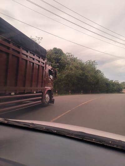 The image captures a scene from inside a moving vehicle, looking out at a large, dark red cargo truck on an asphalt road. The truck, positioned to the left of the viewer, has a tall cargo bed covered by a black tarpaulin and features shiny silver wheels on its multiple axles. Its design suggests a heavy-duty transport vehicle.

In the foreground, the top edge of a car's dashboard and windshield wipers are visible, indicating the perspective is from the front passenger or driver's seat. The road ahead curves gently to the right, marked by a solid yellow line. Along the right side of the road, a dense wall of lush green trees and foliage lines the path, interspersed with white and red/orange road markers.

The sky above is overcast, a soft gray with hints of lighter tones, suggesting a cloudy day, possibly late afternoon or early morning due to the diffused light. Several power lines or telephone wires stretch across the upper part of the sky. The overall scene depicts travel on a rural or semi-rural road in Seulimeum, Indonesia, with the truck and the viewer's vehicle seemingly in motion. No specific text or signs are discernible in the image.