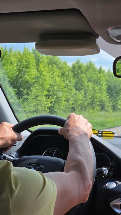 The image captures a first-person perspective from inside a car, looking forward through the windshield. Two hands are visible, gripping a black steering wheel. The driver, wearing a light yellow t-shirt, is at the wheel. Outside the car, a dense line of green trees is visible under a bright blue sky with scattered clouds. The car's dashboard is partially visible, including a speedometer displaying a speed between 40 and 60 km/h. A pair of yellow-framed sunglasses rests on the dashboard. The sun is shining, casting shadows and highlighting the textures of the driver's arms. The scene appears to be a drive through a rural or suburban area, possibly on a sunny day. The location specified, Dar'ino, Russia, is a village, suggesting the setting is likely outside a major urban center.