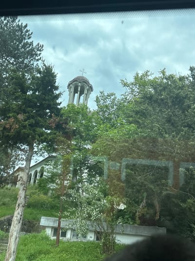 This forensic description details an outdoor scene captured from inside a vehicle, depicting a hillside in Boichovtsi, Bulgaria, under an overcast sky.

The central feature is a stone bell tower or cupola with a rounded, possibly tiled, dome topped by an Orthodox Christian cross, positioned in the upper-right mid-ground. Below the dome, the structure features several arched openings. To the left and slightly below the bell tower, a light-colored building, likely part of a church or monastery, is visible with a series of arches along its façade, partially obscured by dense foliage.

The hillside is characterized by abundant vegetation, including tall, mature coniferous trees (possibly pine or cypress) with dark green needles and some visible brown, dried branches on the left. Various deciduous trees with lighter green leaves are interspersed throughout the mid-ground, and one tree with white blossoms is notable in the lower-right mid-ground. The ground is covered in lush green grass with scattered patches of small yellow flowers.

In the lower mid-ground, slightly right of center, a weathered utility pole with attached wires or insulators stands upright. Closer to the foreground, a low-lying, rectangular concrete structure with multiple windows is partially visible, blending into the overgrown grass. Hints of stone or concrete retaining walls and a pathway are discernible on the left side of the slope.

The sky is uniformly overcast with light grey clouds. The image exhibits reflections on the viewing surface, indicative of a shot through a vehicle's windshield, with faint square patterns appearing in the lower half, suggesting reflections from internal vehicle components. No individuals or active subjects are present in the frame.