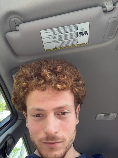 A selfie, rotated 90 degrees clockwise, shows a young man inside a car, looking directly at the camera with a neutral expression. He has light brown, curly hair and a short beard or stubble, and is wearing a dark blue shirt.
The setting is the car's interior, featuring a gray headliner and a prominent gray sun visor in the upper left. Attached to the sun visor is a multi-language warning label (English, French, Spanish) about advanced air bags. The text advises that children can be killed or seriously injured by air bags, states that the back seat is the safest place for children, prohibits rear-facing child seats in the front, and mandates the use of seat belts and child restraints. It also directs the reader to the owner's manual for more information.
A car ceiling light fixture is partially visible in the upper right. Through the car window in the lower right, green trees and a bright sky are visible, indicating it is daytime with good weather. The scene is likely set in Fort Lee, United States of America, consistent with the multi-language warning.